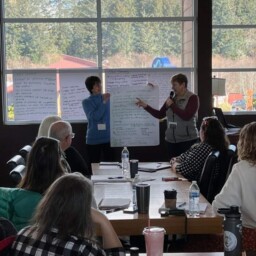 Two workshop facilitators stand at the front of a room holding a large flipchart covered in handwritten notes. One facilitator gestures toward the chart while speaking into a handheld microphone; the other holds the chart steady. In the foreground, participants sit at a long table with notebooks, water bottles, and coffee cups, watching and listening. Floor-to-ceiling windows behind the presenters look out onto a forested landscape.