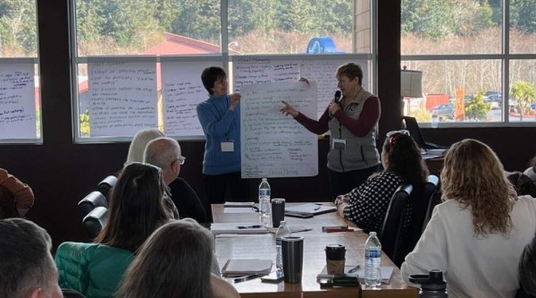 Two workshop facilitators stand at the front of a room holding a large flipchart covered in handwritten notes. One facilitator gestures toward the chart while speaking into a handheld microphone; the other holds the chart steady. In the foreground, participants sit at a long table with notebooks, water bottles, and coffee cups, watching and listening. Floor-to-ceiling windows behind the presenters look out onto a forested landscape.