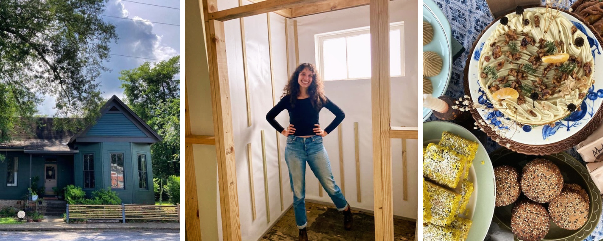 From left to right: Small blue house in front of large tree, a woman smiles in interior of building that is under construction, a table full of Mediterranean food.