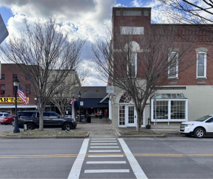 Downtown view of a crosswalk in Scottsville, KY