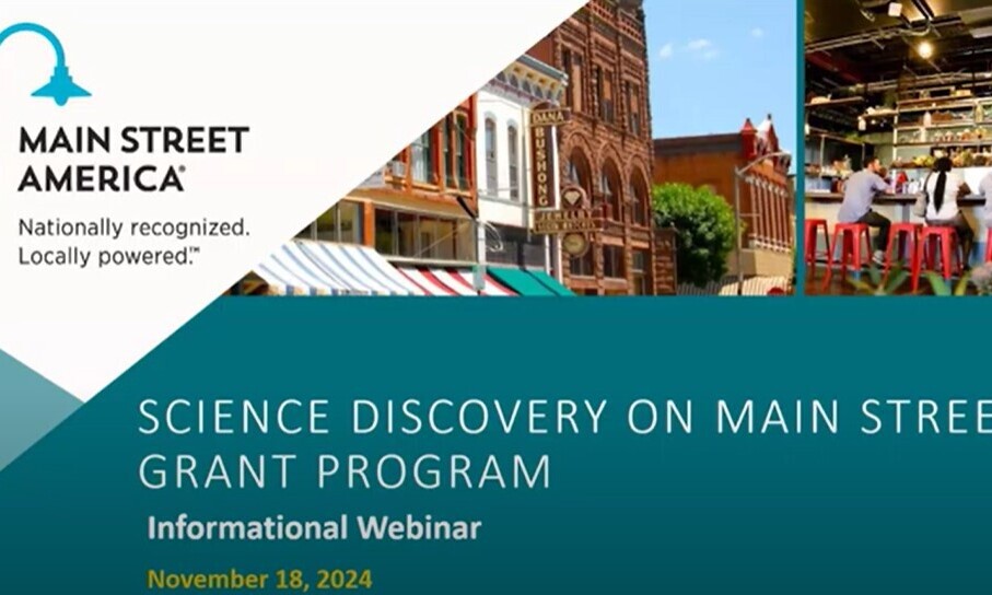 PowerPoint slide with text, "Science Discovery on Main Street Grant Program Informational Webinar"