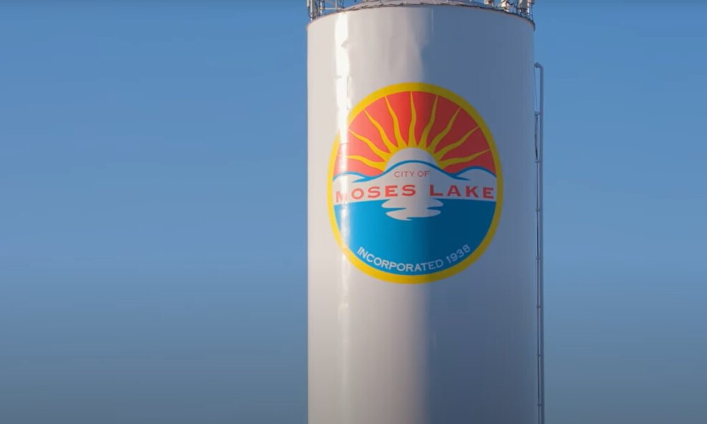 Water tower with logo reading, "City of Moses Lake, Incorporated 1938"