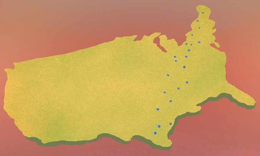 Video screenshot illustrating the path of totality of the 2024 total solar eclipse through placing blue dots over a yellow rendering of a map of the United States.