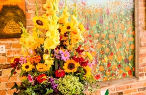 Fresh flower bouquet arrangement in an art gallery.