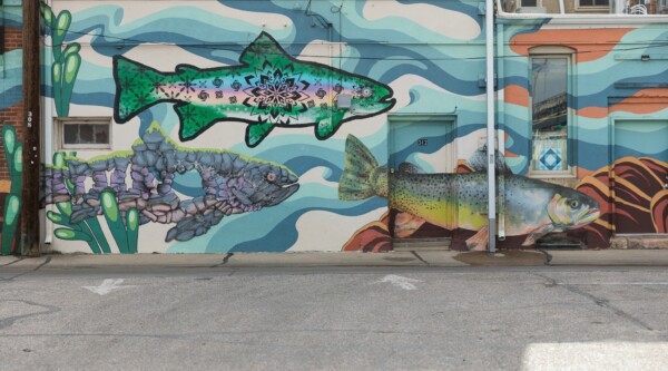 El exterior de un edificio comercial está cubierto por un mural de truchas de gran tamaño pintadas con vivos colores y remolinos azules que representan el agua.