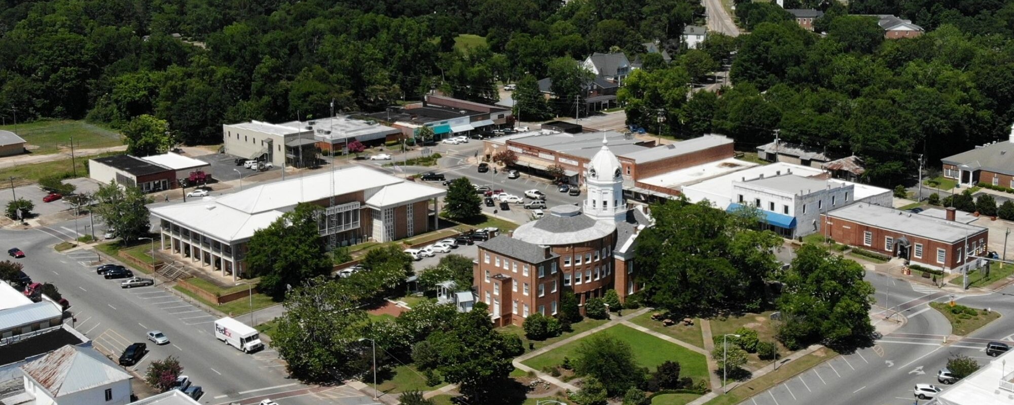 Aerial view of the Monroeville Courthouse Square.