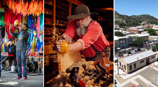 Triptych of photos. On the left, a band performing. In the center a man woodworking. On the right, an aerial photo of Raton, New Mexico.