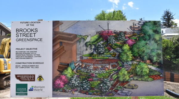 Sign featuring an artist rendering of a green space revitalization project.