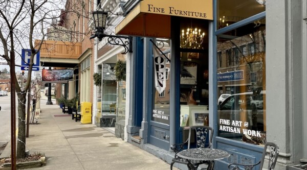 Independent small business storefronts in preserved historic buildings.