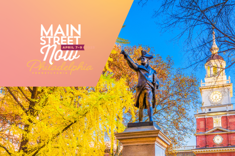 Independence Hall with the Main Street Now 2025 logo on a peach-colored angled shape in the upper left corner.