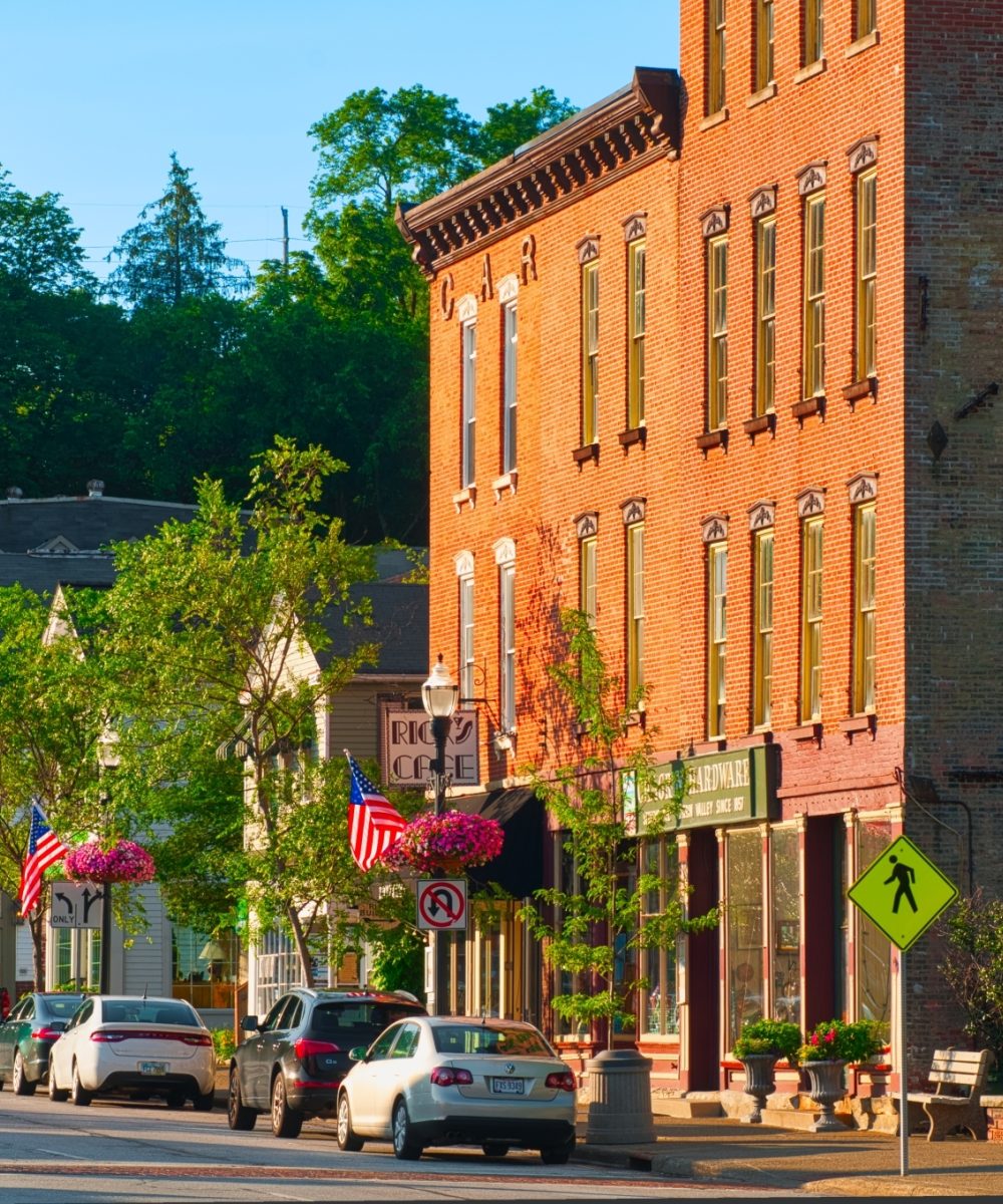 North Main Street in Chagrin Falls lined with popular shops and restaurants.