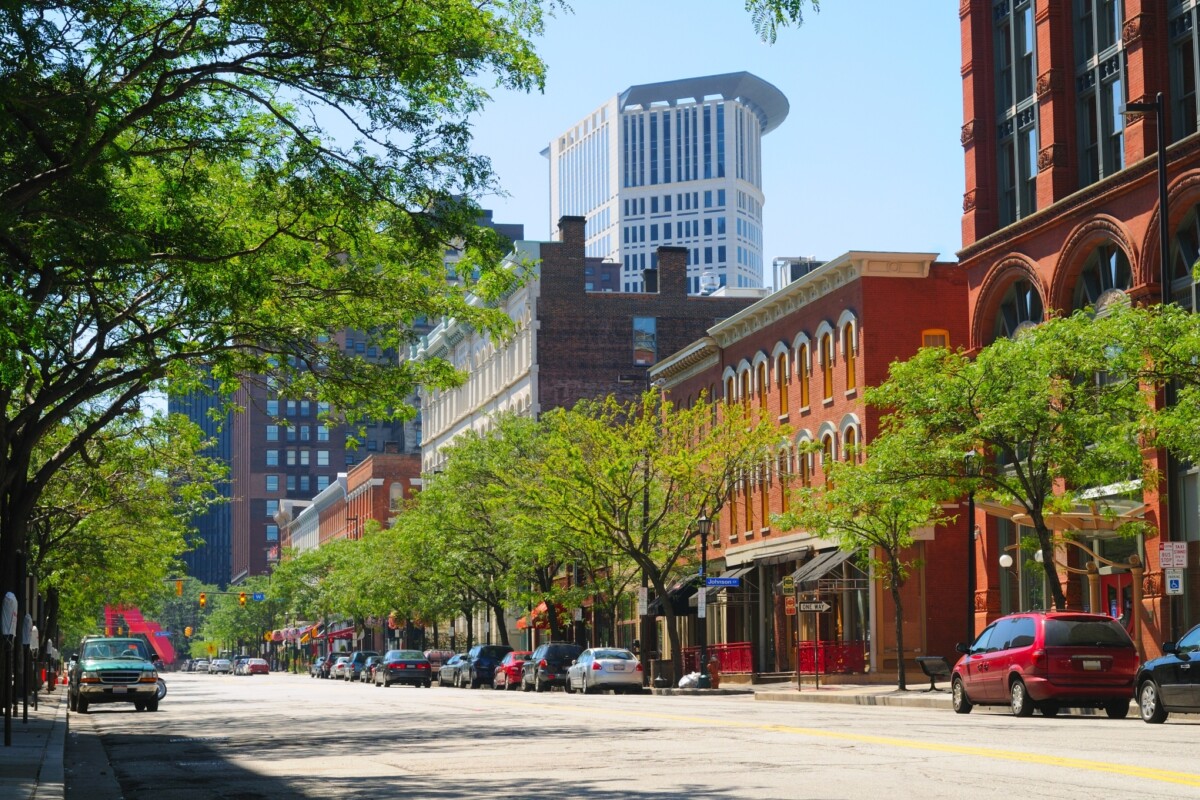 A tree-lined downtown street with red brick buildings