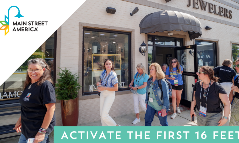 A group of people walk past a jewelry store. Overlaid text reads "Activate the First 16 Feet"