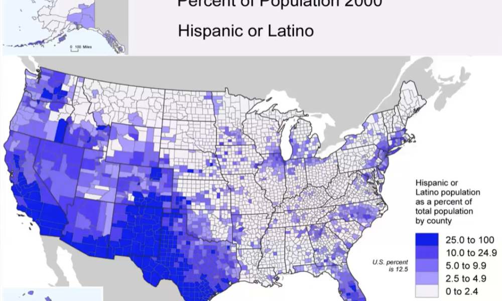 Map of the US showing hispanic population density