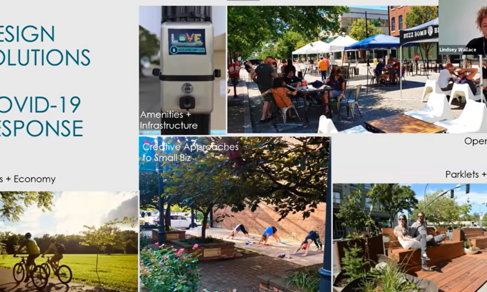 Screenshot of a webinar showing a collage of outdoor design solutions including bike paths, outdoor dining, and parklets