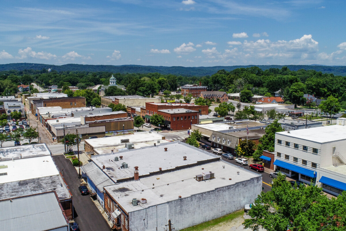 Aerial shot of downtown Toccoa