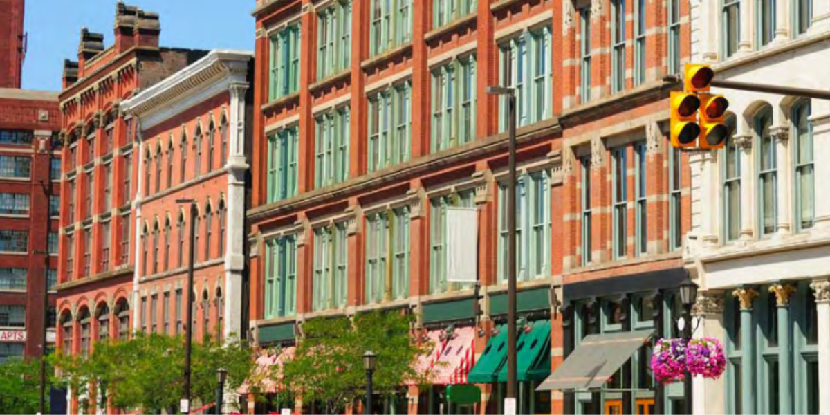 Historic red brick Main Street buildings