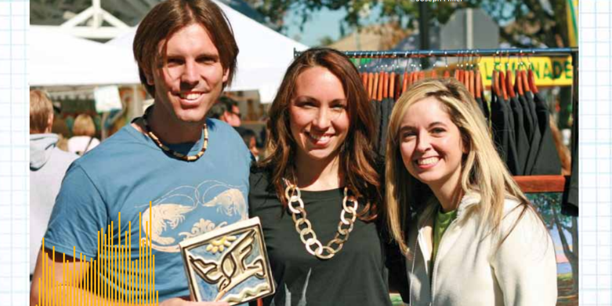 A man and two women post for a photo at a downtown festival