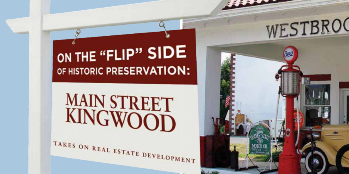 Illustration of a real estate sign in front of a house. On the flip side of historic preservation: Main Street Kingwood.