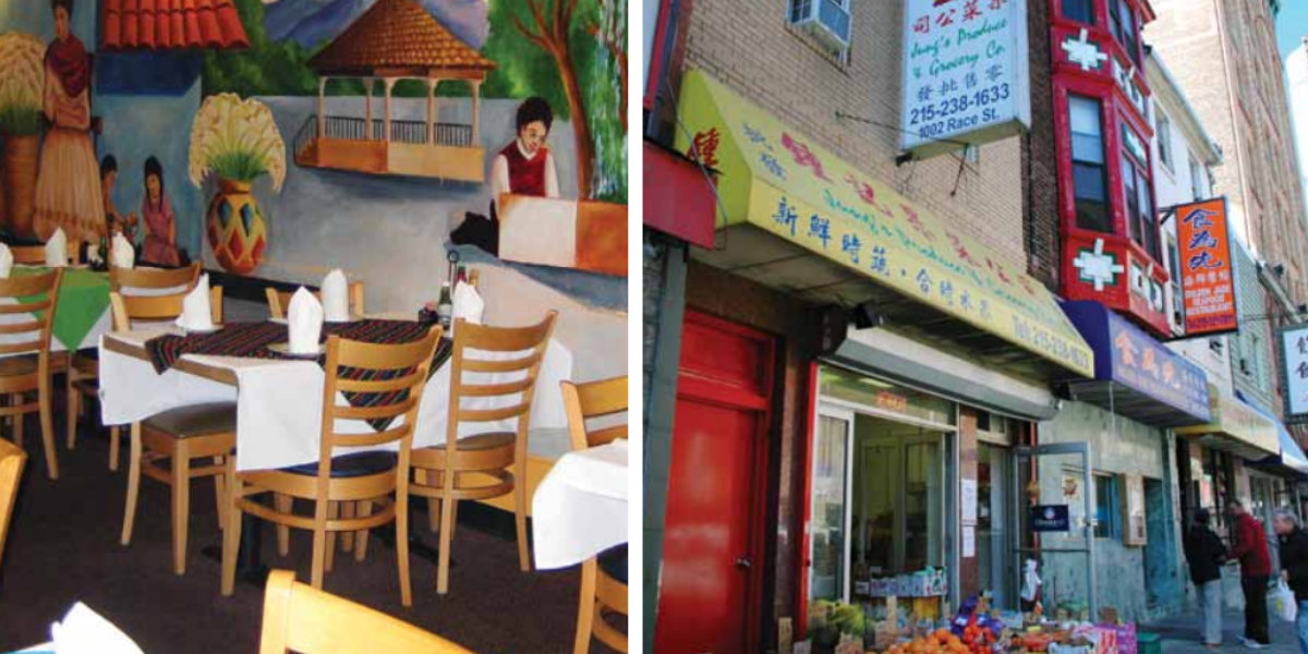 Downtown restaurants decorated with cultural art and featuring signs in different languages