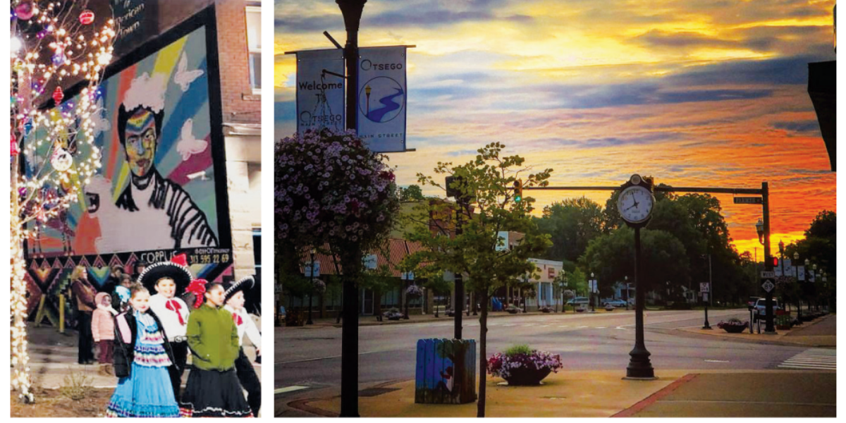 Photo of children in front of a mural of Frida Kahlo, photo of a sunset downtown