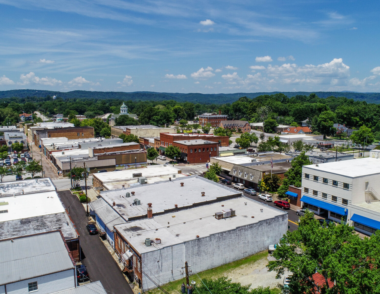 Aerial shot of downtown Toccoa