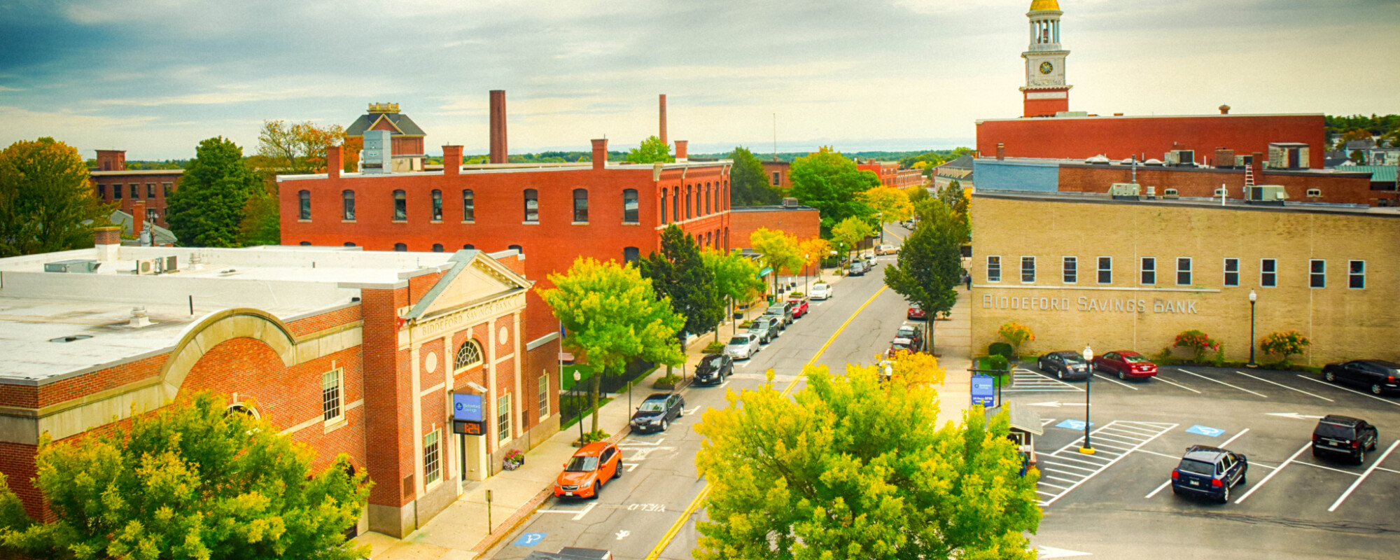 Ariel view of downtown Biddeford with historic brick buildings