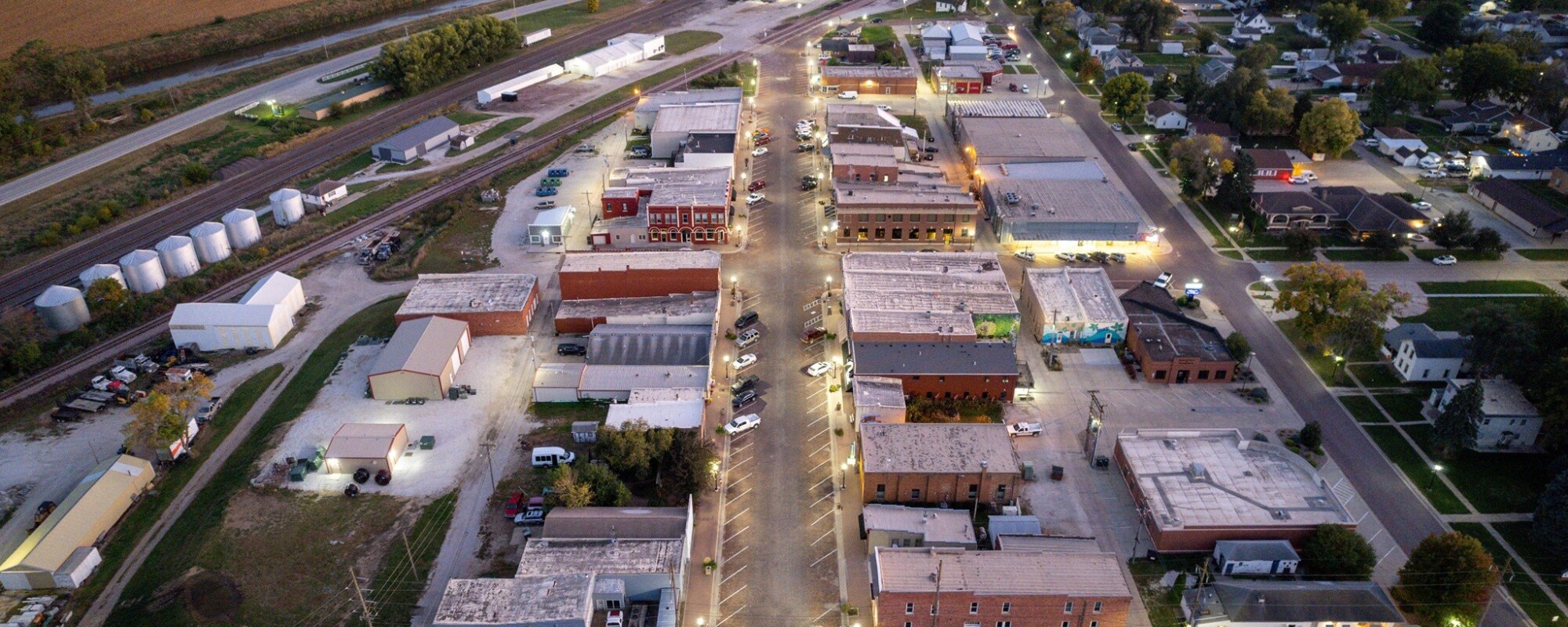 Ariel photograph of a historic Main Street