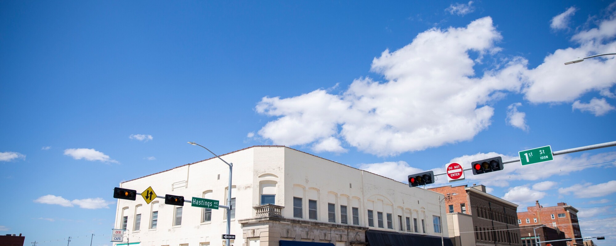 Renovated historic downtown building at an intersection