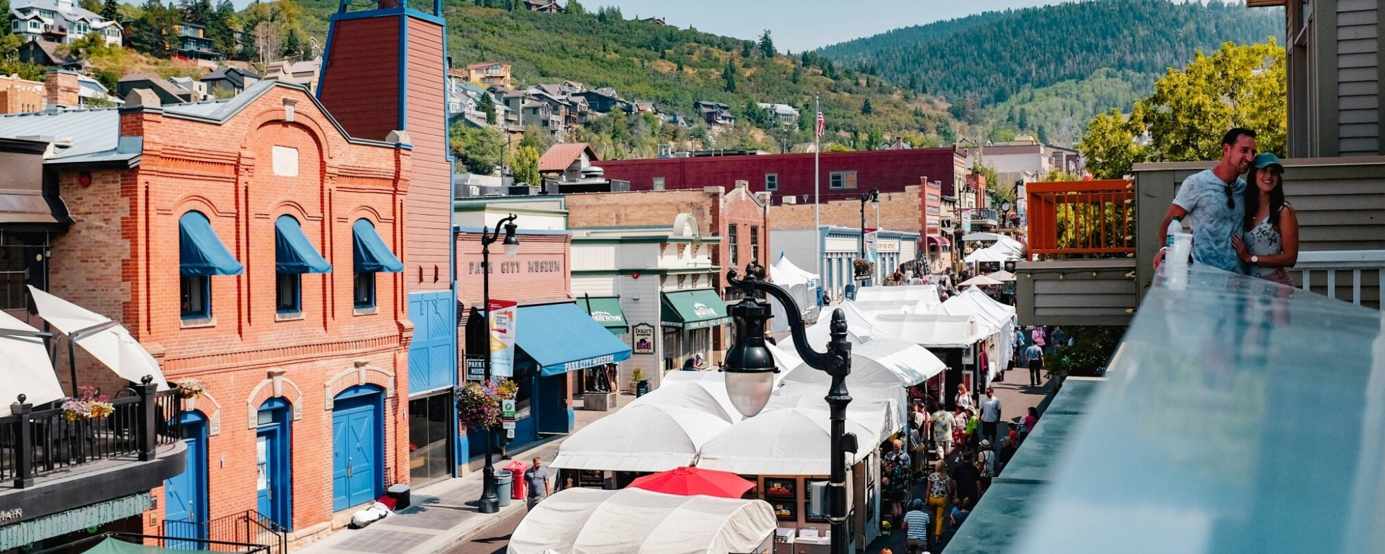 Ariel view of a downtown street during a street festival