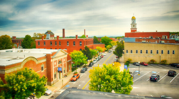 Ariel view of downtown Biddeford with historic brick buildings