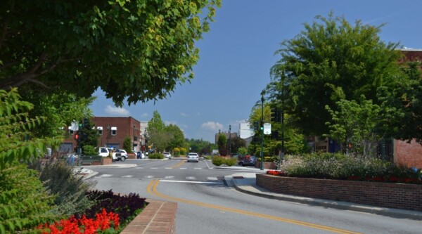 Traffic calming measures in Hendersonville including serpentine road and plants lining road.