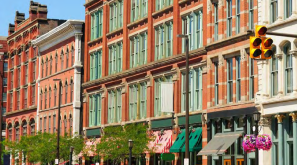 Historic red brick Main Street buildings