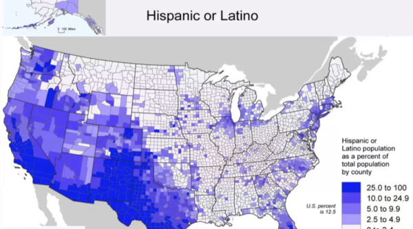 Map of the US showing hispanic population density