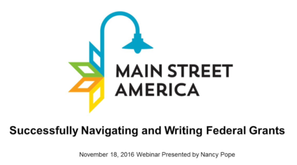 Main Street America logo. Successfully navigating and writing federal grants.