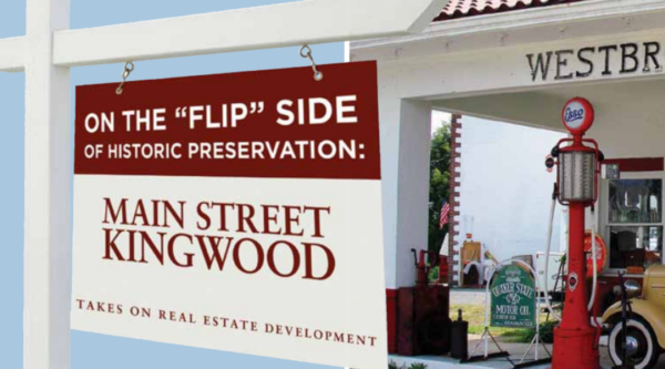 Illustration of a real estate sign in front of a house. On the flip side of historic preservation: Main Street Kingwood.