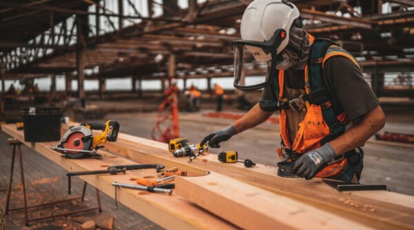 A man wearing productive gear doing carpentry at a construction site