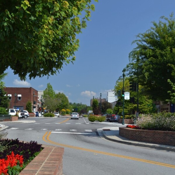 Traffic calming measures in Hendersonville including serpentine road and plants lining road.