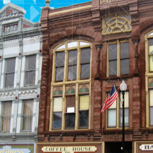 Historic buildings with a blue background