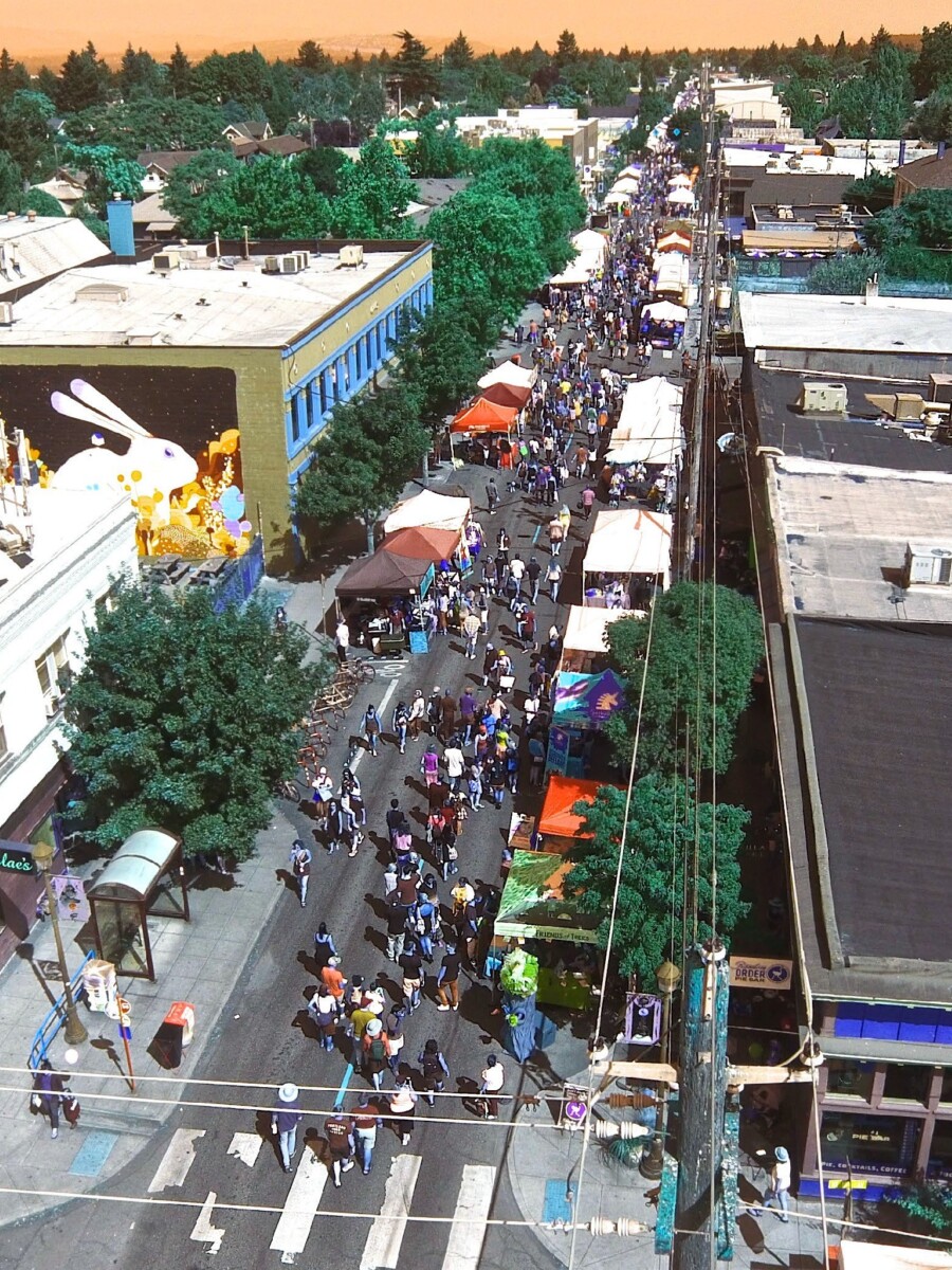 Aerial of Alberta Main Street in Portland, Oregon.