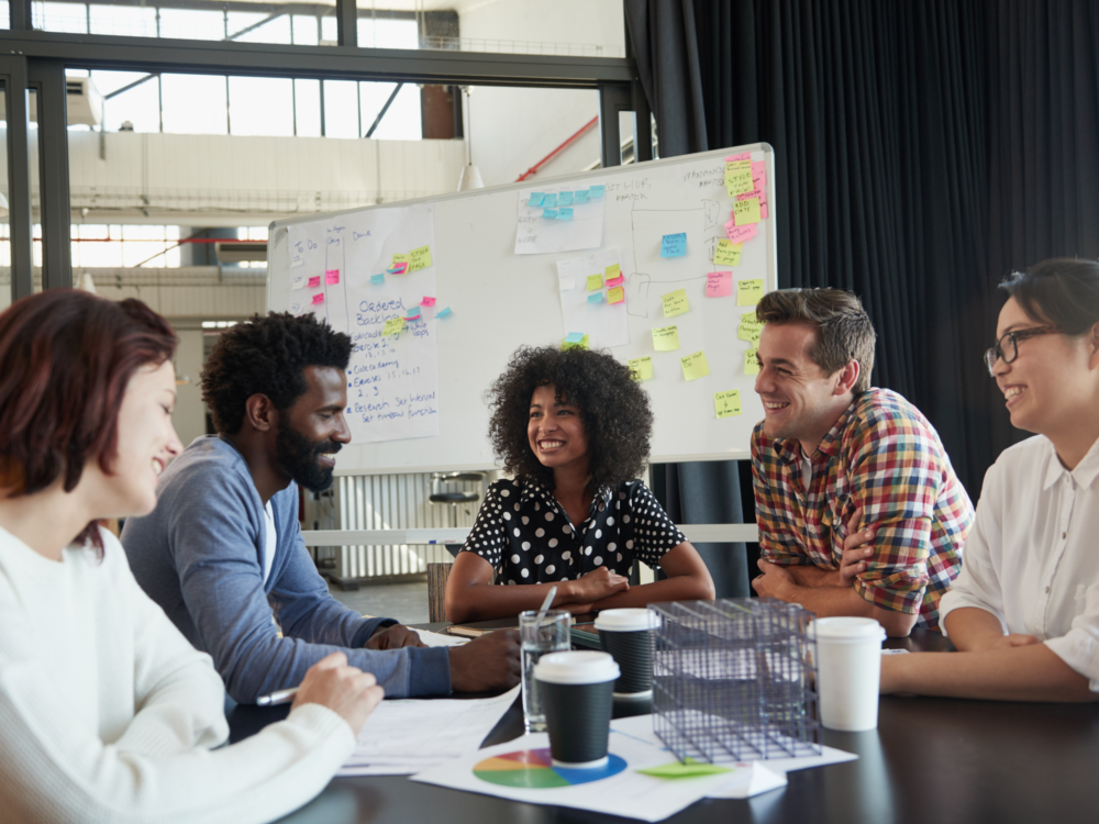 A diverse group of young business professionals having a meeting around a conference table.