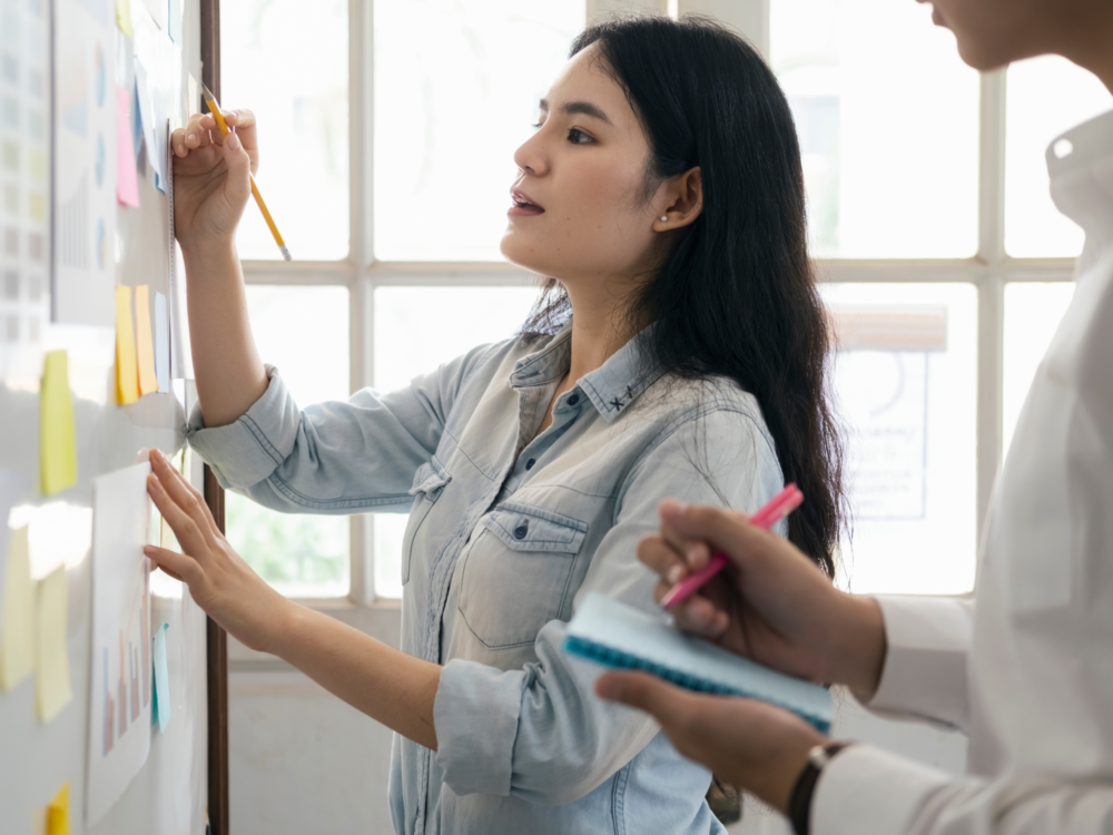 Two people brainstorming and discussing a project on a whiteboard.