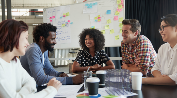 A diverse group of young business professionals having a meeting around a conference table.