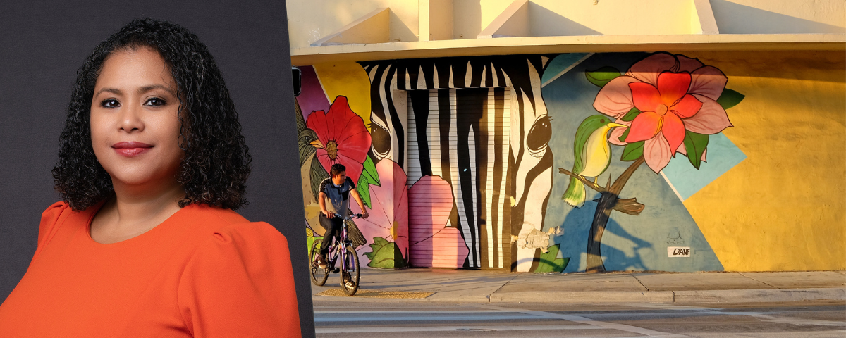 Mileyka Burgos-Flores (left) and building with a vibrant mural (right).