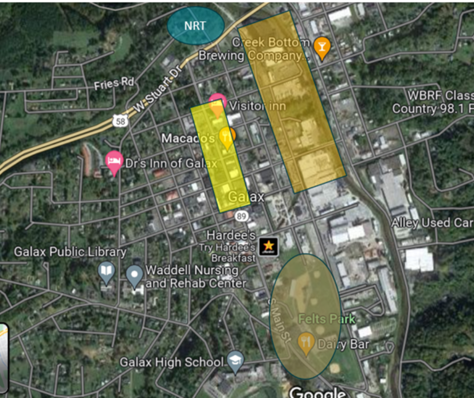 Screenshot from Google maps showing Galax, Virginia, with colored circles and squares indicating the downtown cores and nearby event spaces