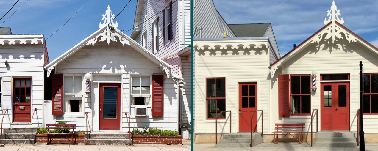 Two photos of a historic white building with red shutters: one before restoration, one after
