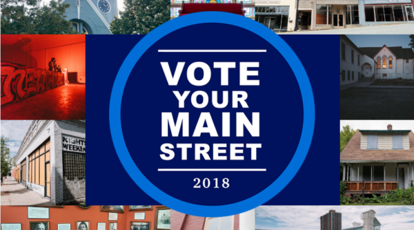 Photo collage with different Main Street scenes with words, "Vote Your Main Street 2018"