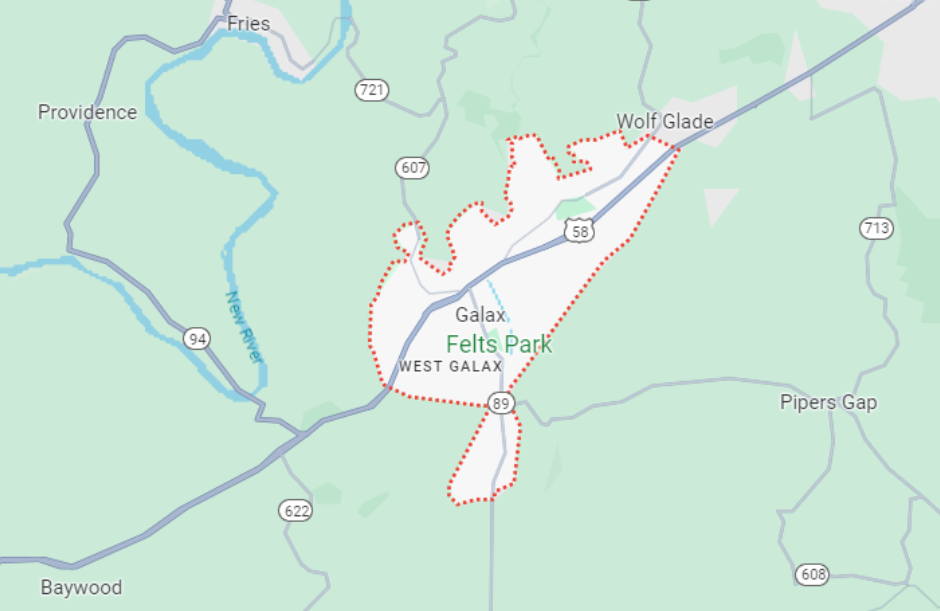 Screenshot of Google maps showing Galax, Virginia. There are few nearby towns.