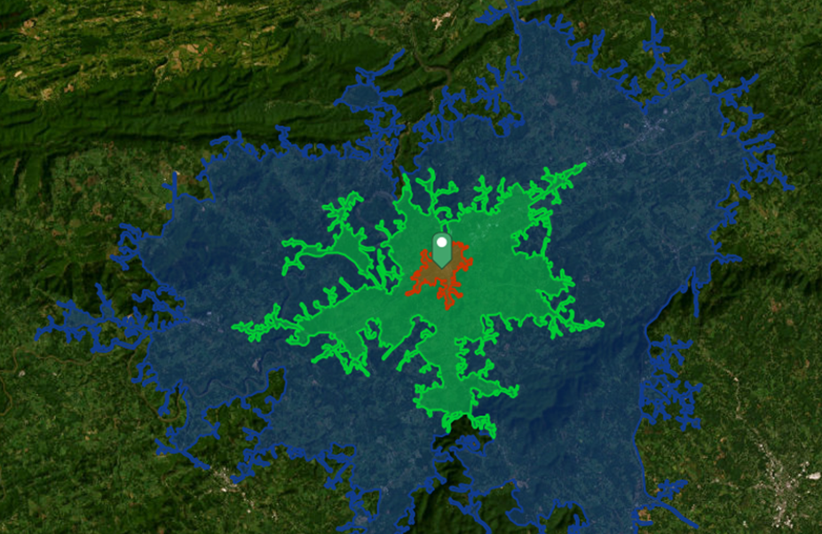 Screenshot from ESRI showing the areas within in 5, 15, and 30 minute drive from Galax