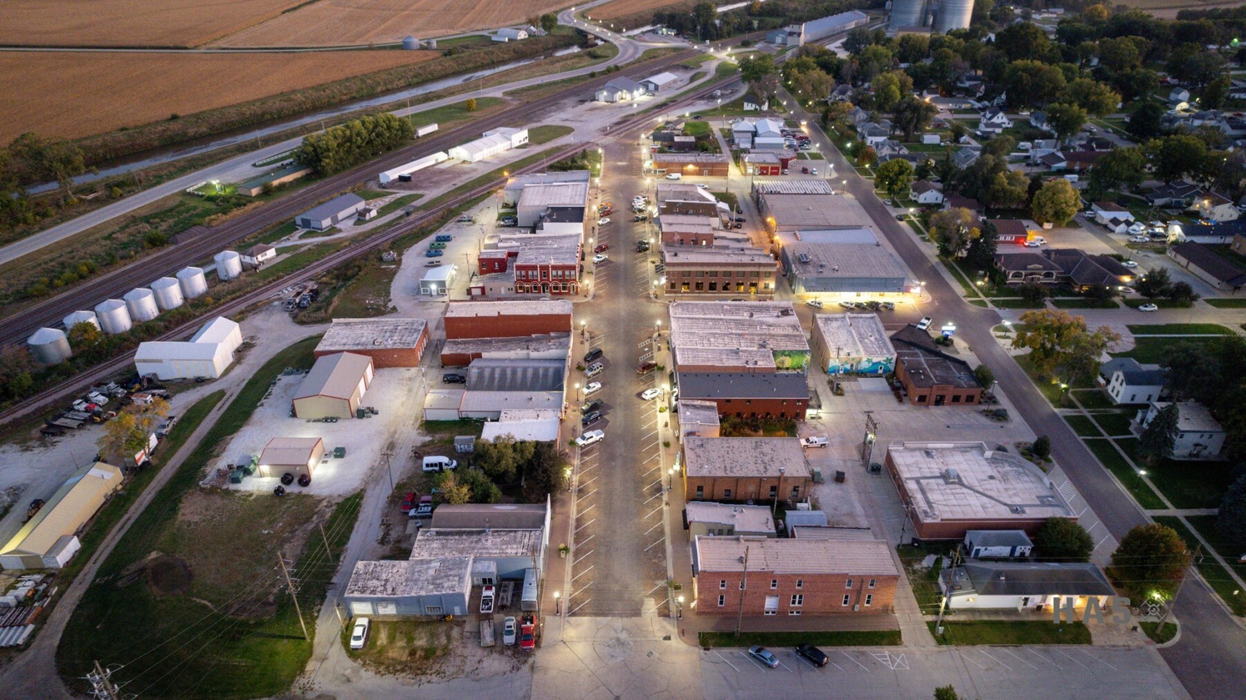 Aerial photograph of a small town with historic buildings and streets